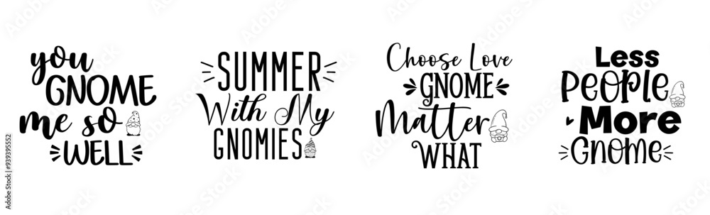 Fototapeta premium Minimalist Gnome Calligraphic Lettering, Phrases Pack Vector Illustration for Banner, Stationery, Vouchers