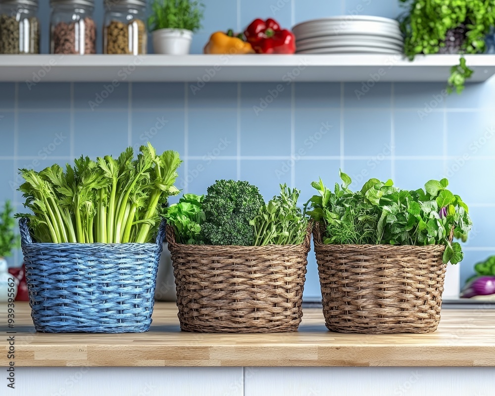 Fresh Herbs in Wicker Baskets on a Kitchen Countertop with a Blurred Background Blue Tile Wooden Shelf 175 characters Fresh Herbs in Wicker Baskets on a Kitchen Countertop with a Blurred Background Blue Tile Wooden Shelf 175 characters