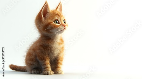 Curious Ginger Kitten Gazing Upwards: An adorable ginger kitten with captivating green eyes sits attentively, gazing upwards with wonder and innocence against a pristine white backdrop.