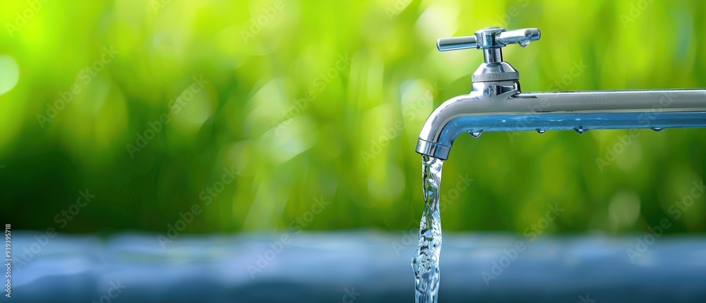 Close-up of a water tap with a green blurred background, highlighting the importance of water conservation and natural resources. Close-up of a water tap with a green blurred background, highlighting the importance of water conservation and natural resources.