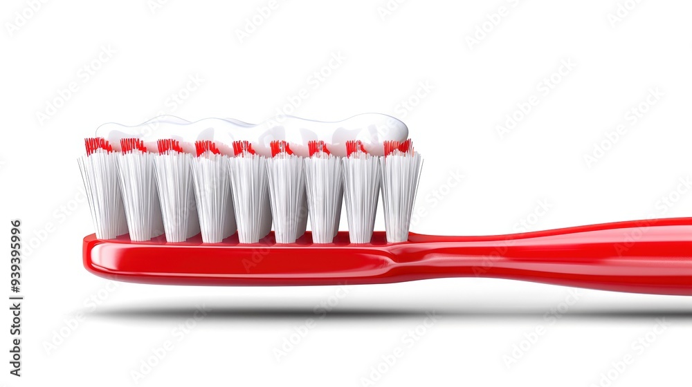 Close-up of a red toothbrush with white bristles, isolated on a white background. Ideal for dental care and hygiene related concepts. Close-up of a red toothbrush with white bristles, isolated on a white background. Ideal for dental care and hygiene related concepts.