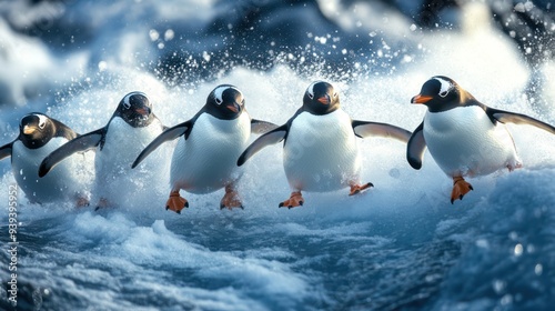 Penguins Sliding on Ice Slope