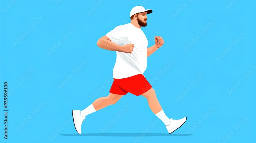 Illustration of a determined man jogging in red shorts and a white shirt with a confident stride against a blue background. Illustration of a determined man jogging in red shorts and a white shirt with a confident stride against a blue background.