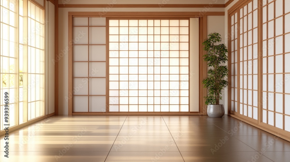 Shoji Screen Design on Tatami Floor. Three-Dimensional Japanese Partition Art in Asian Living Room Shoji Screen Design on Tatami Floor. Three-Dimensional Japanese Partition Art in Asian Living Room