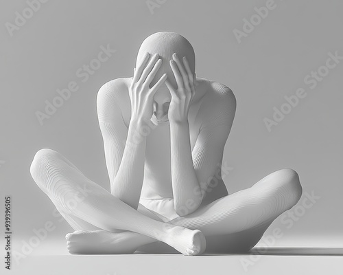Minimalist 3D Render of a Figure in a Sitting Pose with Hands Covering the Face Emphasizing Loneliness and Isolation