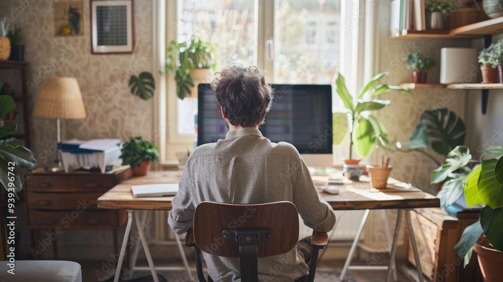A young adult sitting at a desk in a minimalist home office focused on their work A young adult sitting at a desk in a minimalist home office focused on their work