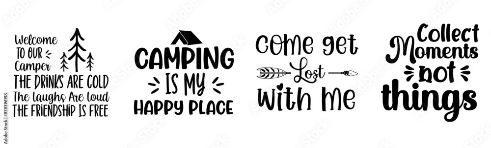 Colourful Camping Typography, Inscriptions Set Vector Illustration for Advertising, Holiday Cards, Stationery Colourful Camping Typography, Inscriptions Set Vector Illustration for Advertising, Holiday Cards, Stationery