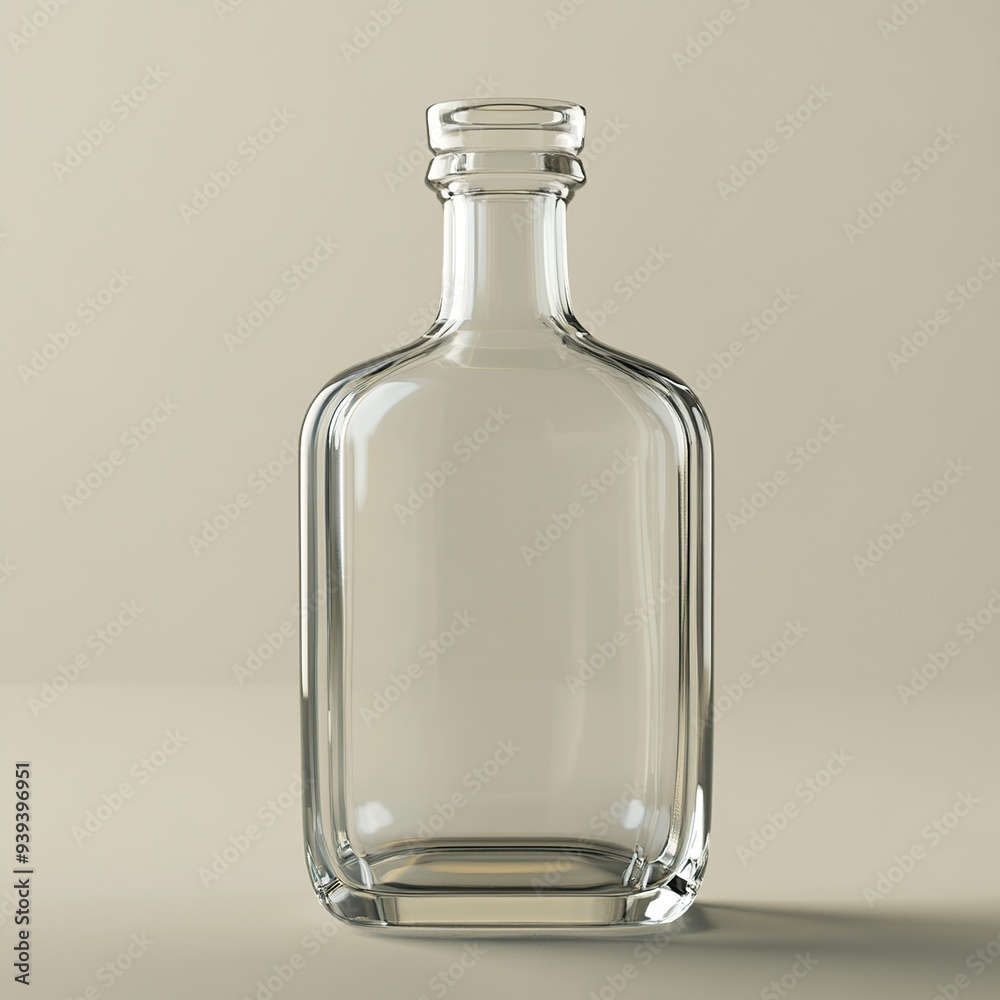 A clear glass bottle with a square base and a rounded top. It is empty and has a soft glow reflecting from the glass. A clear glass bottle with a square base and a rounded top. It is empty and has a soft glow reflecting from the glass.