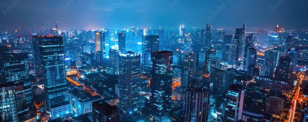 Aerial view of a vibrant city skyline at night, illuminated with bright lights and modern skyscrapers under a dark blue sky. Aerial view of a vibrant city skyline at night, illuminated with bright lights and modern skyscrapers under a dark blue sky.