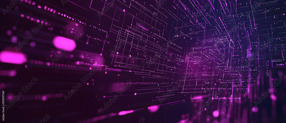 Fototapeta premium A flat vector illustration of a graphic technology background, deep purple tones, coding elements, grid patterns, code symbols floating, modern and clean vector art, subtle lighting effects, digital