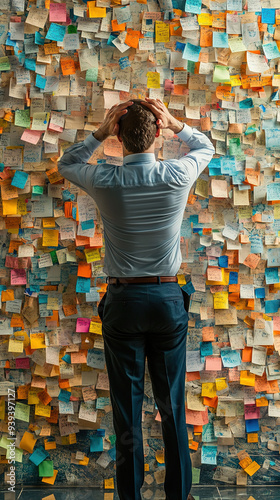 Overwhelmed businessman standing clutching his head in front of a billboard in the office covered in sticky notes. Overworked office worker. Procrastination photo