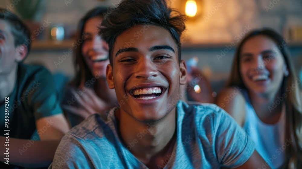 A teenager smiling brightly while hanging out with friends, enjoying their company and laughing A teenager smiling brightly while hanging out with friends, enjoying their company and laughing