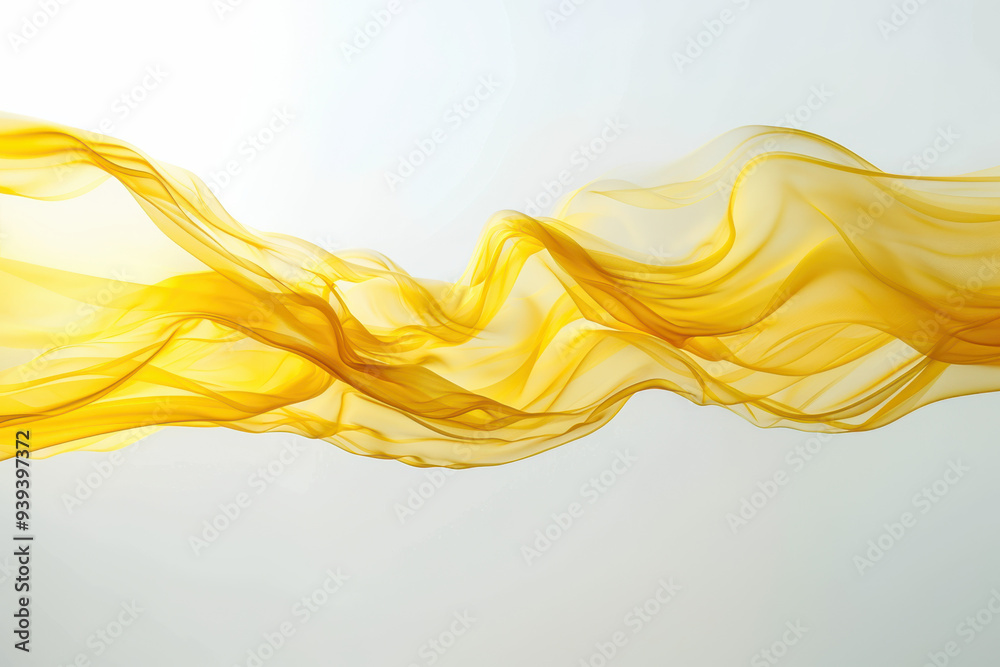 close up horizontal illustration of a yellow transparent wave stream on a white neutral background, copy space close up horizontal illustration of a yellow transparent wave stream on a white neutral background, copy space