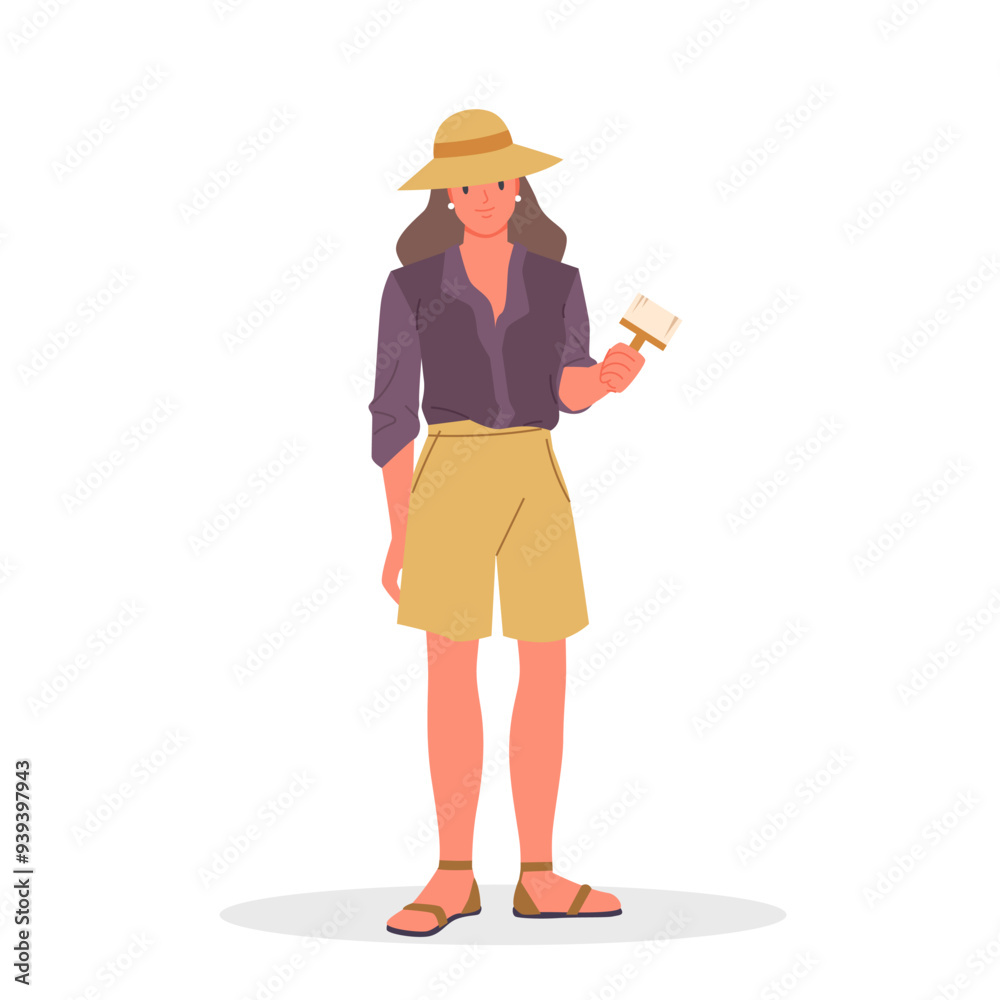 Artist holding brush to create drawing, creative hobby. Young woman in summer casual clothes and hat standing with paintbrush, beautiful smiling cute girl painting cartoon vector illustration Artist holding brush to create drawing, creative hobby. Young woman in summer casual clothes and hat standing with paintbrush, beautiful smiling cute girl painting cartoon vector illustration