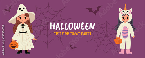 Horizontal Halloween poster with kids in ghost and unicorn costumes. Halloween banner design template. Children flat graphic vector illustration isolated on purple background.