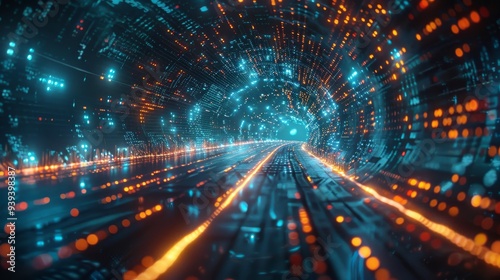 A mesmerizing tunnel with vibrant orange and blue digital lights, symbolizing fast-paced data transmission and connectivity in the futuristic cyberspace.