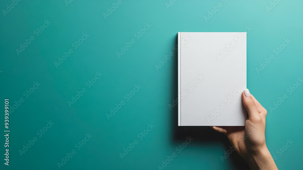 A hand holding a blank white book against a teal background, perfect for book cover design presentations, educational content, or marketing materials A hand holding a blank white book against a teal background, perfect for book cover design presentations, educational content, or marketing materials