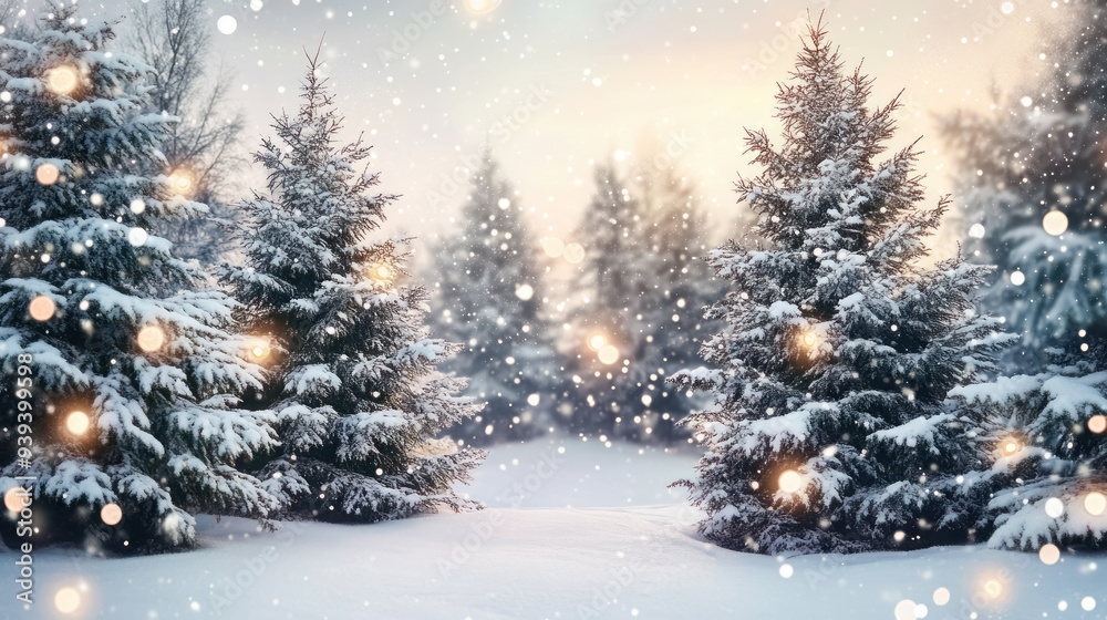 snowy winter scene with pine trees and twinkling lights snowy winter scene with pine trees and twinkling lights