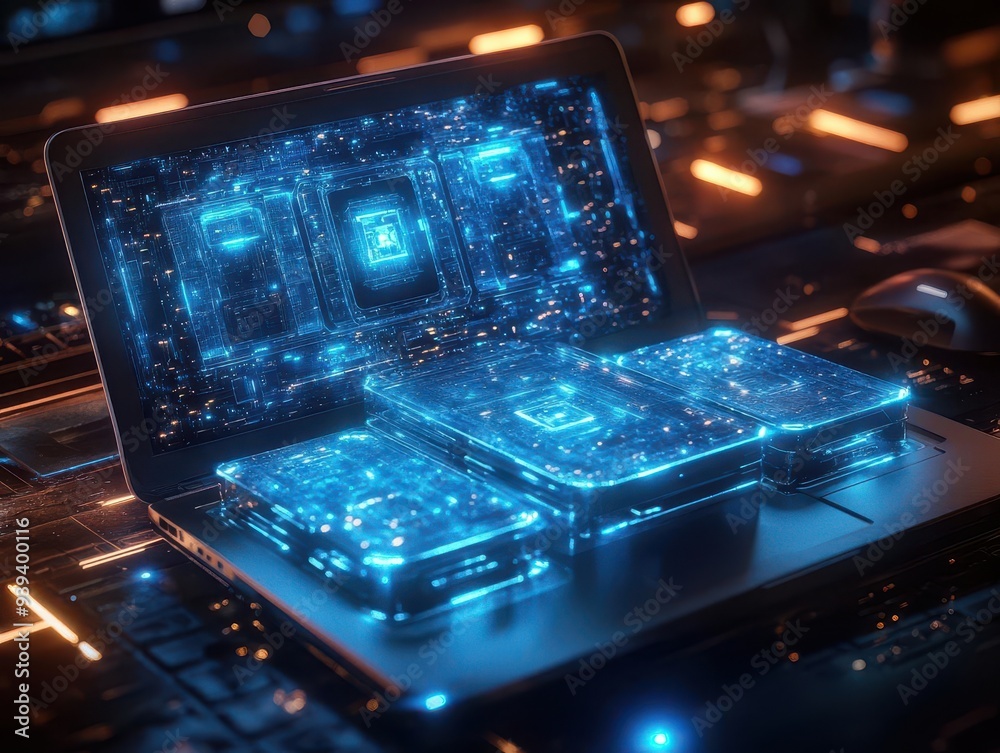 futuristic 3d data storage concept with glowing blue digital file drawers emerging from laptop
