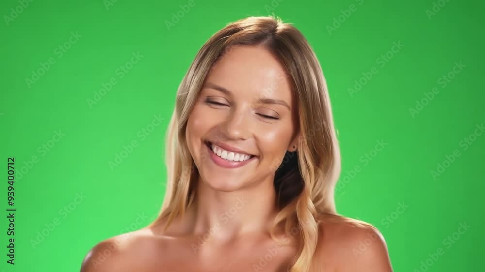 Beautiful positive young blonde woman on green screen. Casual young blonde woman smiling. Happy girl. Shot on a mock-up green screen in the background. 4k uhd video on Chroma key