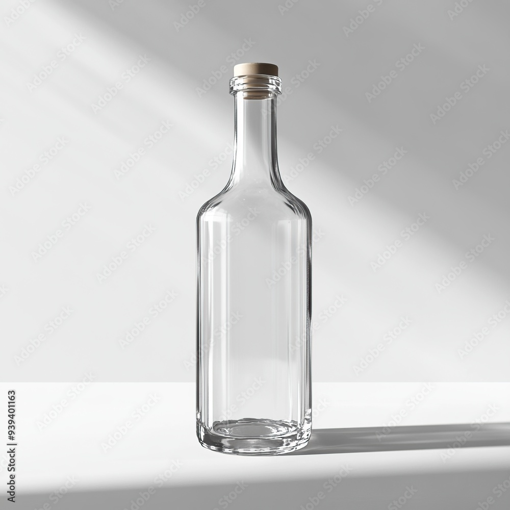 Fototapeta premium A clear glass bottle with a cork stopper on a white background with a shadow falling behind it.