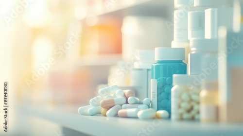 A collection of various pharmaceutical bottles and pills on a shelf.