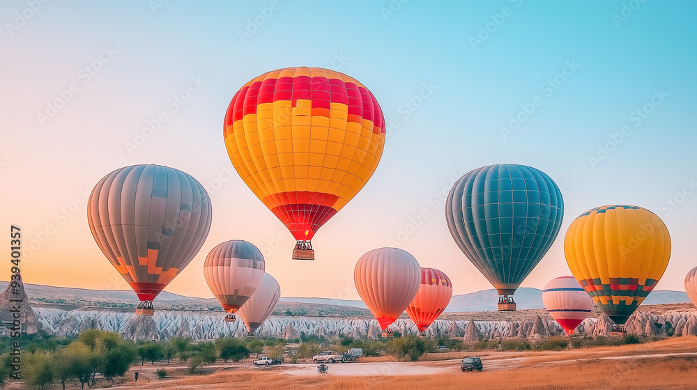 Obraz premium Hot air balloons hovering in the sky on sunrise in Cappadocia, Turkey