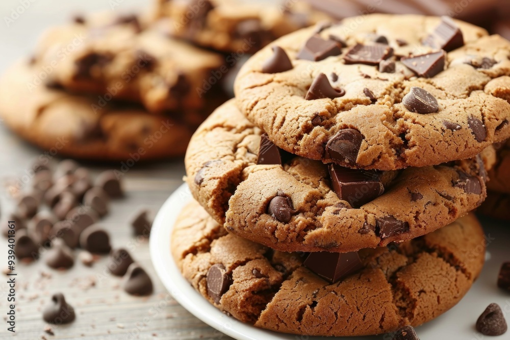 Stack of chocolate chip cookies with chunks of chocolate on white plate Stack of chocolate chip cookies with chunks of chocolate on white plate