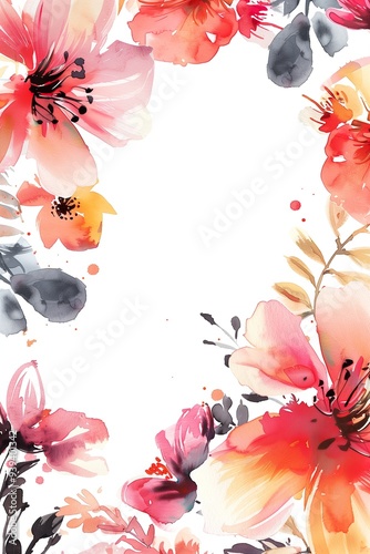 A watercolor painting of a flowery background with a pink flower in the center. Painted watercolor floral border or frame for wedding invitations