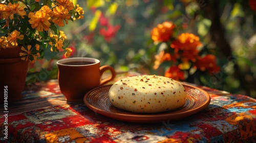 Digital Illustration of Arepa on Traditional Clay Plate with Vibrant Tablecloth photo