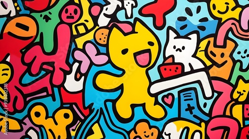 Colorful Cartoon Doodle Characters Pattern Abstract