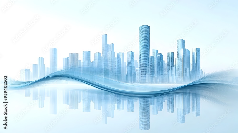 Futuristic City Skyline Reflecting in Serene Water with Flowing Waves Futuristic City Skyline Reflecting in Serene Water with Flowing Waves