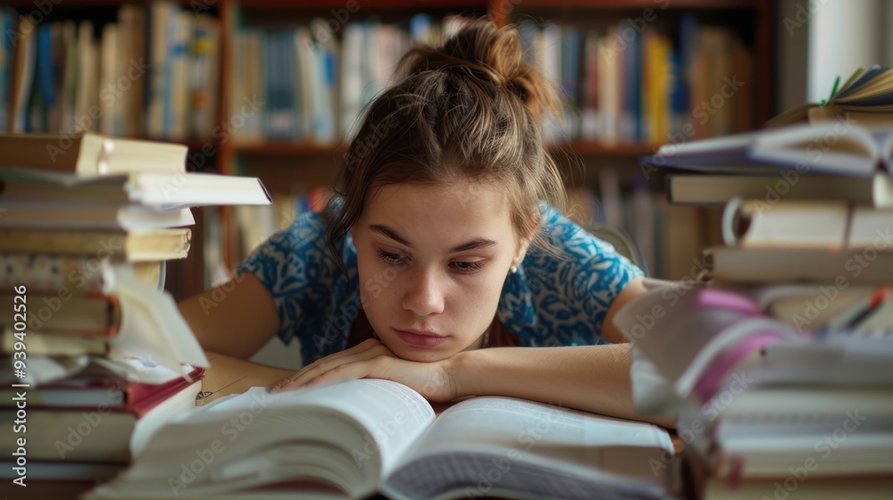A teenage girl doing homework at her desk, surrounded by books and notes A teenage girl doing homework at her desk, surrounded by books and notes