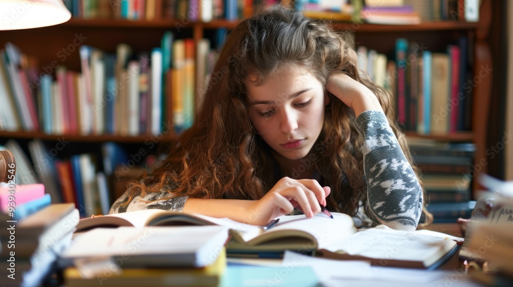 A teenage girl doing homework at her desk, surrounded by books and notes A teenage girl doing homework at her desk, surrounded by books and notes