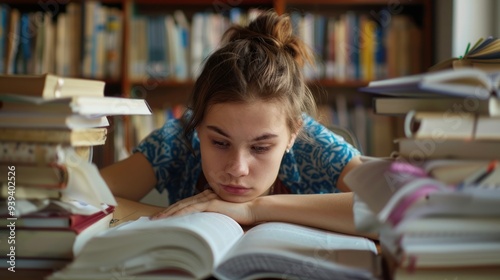A teenage girl doing homework at her desk, surrounded by books and notes