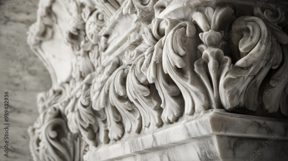 Close-up of intricate marble architectural detail, showcasing classic ornate carving and sophisticated stone craftsmanship.