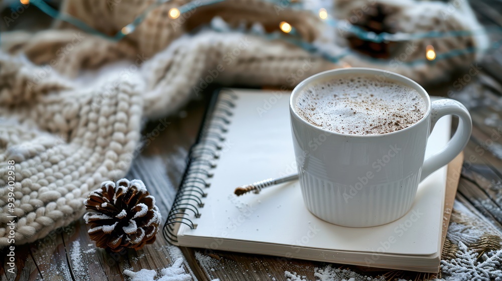 Morning Ritual: Coffee Cup and Diary on Wooden Table. Morning Ritual: Coffee Cup and Diary on Wooden Table.