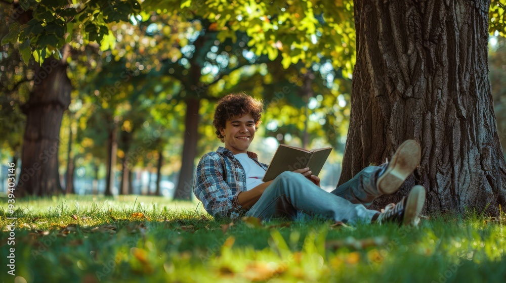 A teenager reading a book under a tree in a park, smiling and enjoying the story A teenager reading a book under a tree in a park, smiling and enjoying the story