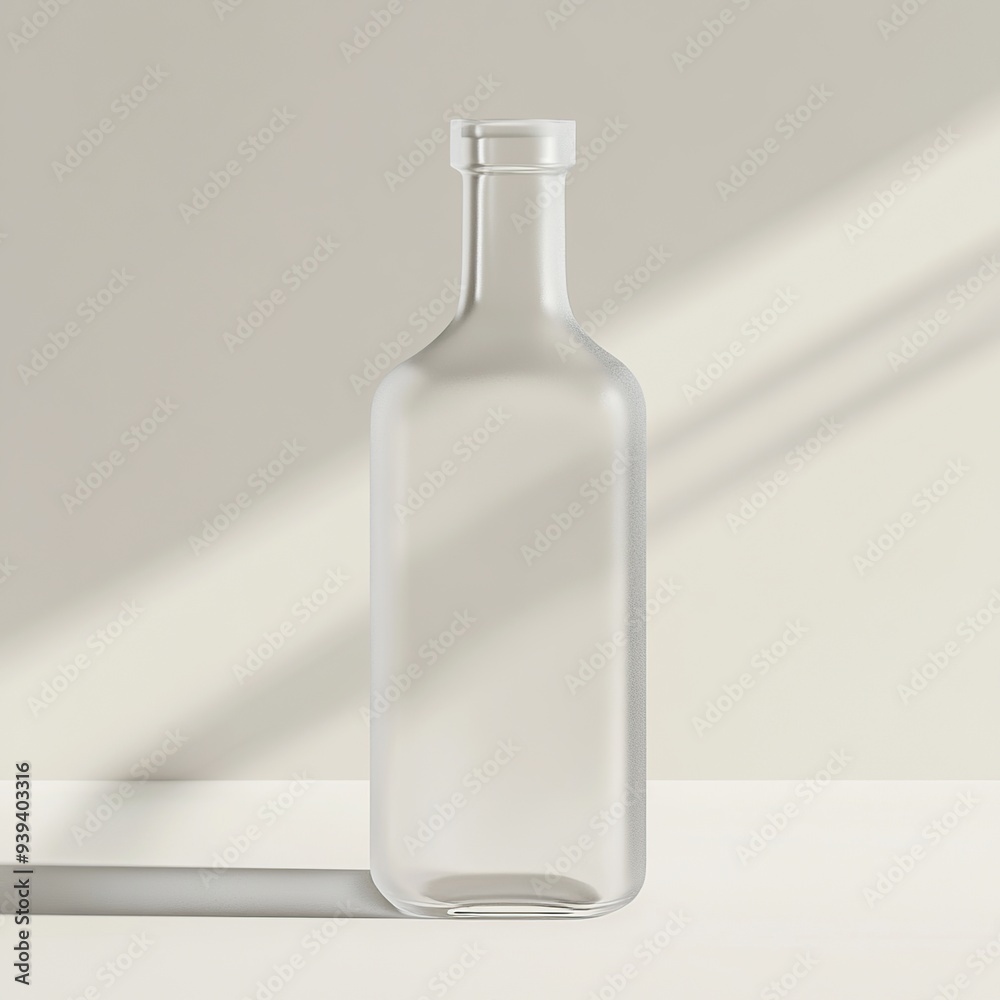 A clear glass bottle on a white surface with a soft light shining through the bottle. A clear glass bottle on a white surface with a soft light shining through the bottle.