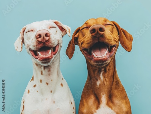 Two dogs one white with brown spots and one brown smiling with mouths open against a blue background A playful portrait of canine joy