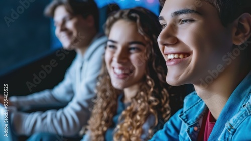 A teenager watching a movie on a laptop with friends, smiling and enjoying the film