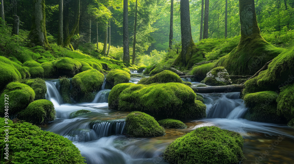 Obraz premium Serene Forest Stream with Moss-Covered Rocks