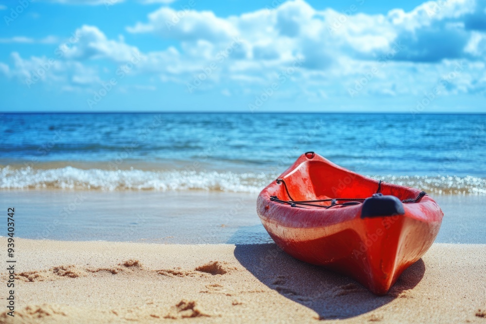 Kayak Rescue. Closeup of Red Kayak on Beautiful Sandy Beach by the Bay