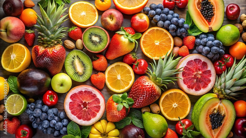 Assorted fresh fruits arranged in a visually appealing display Assorted fresh fruits arranged in a visually appealing display