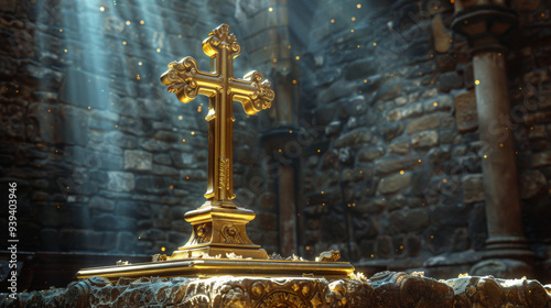 A gold plated medieval style cross sitting upright on a ornate gold base on a stone altar inside a church photo