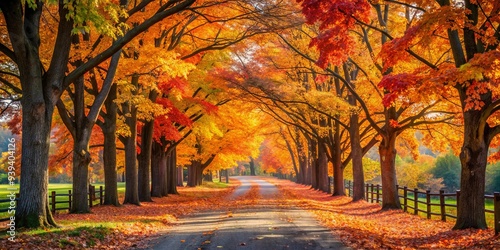 A scenic autumnal pathway surrounded by vibrant trees and fall foliage