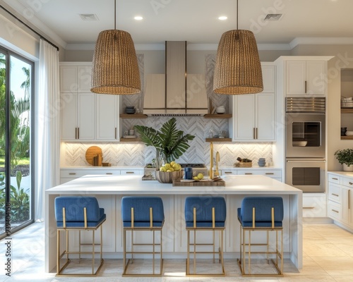 Modern Kitchen Island with Woven Pendant Lights and Blue Velvet Bar Stools Back View Warm Tones and Geometric Details