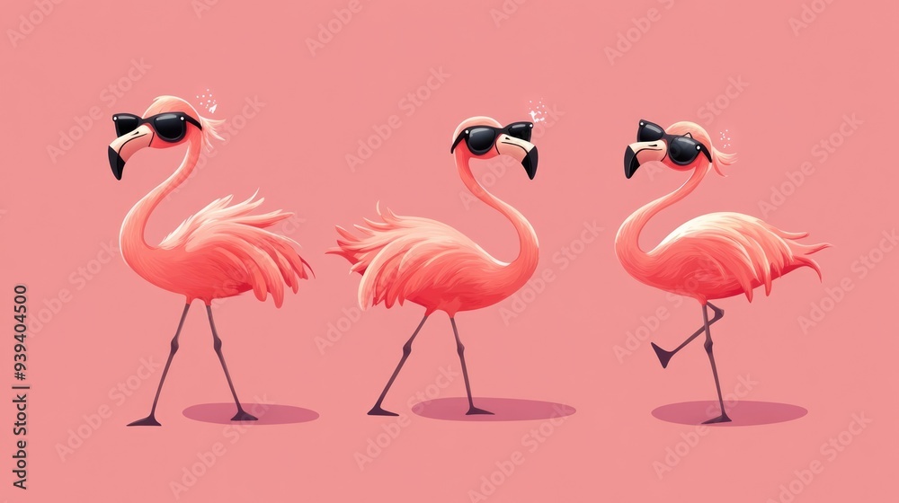 Obraz premium Happy Birthday Flamingo. Funny Dancing Flamingos in Sunglasses Cartoon Illustration