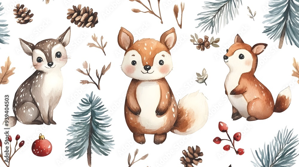 Naklejka premium Cozy Woodland Animals in Winter Forest
