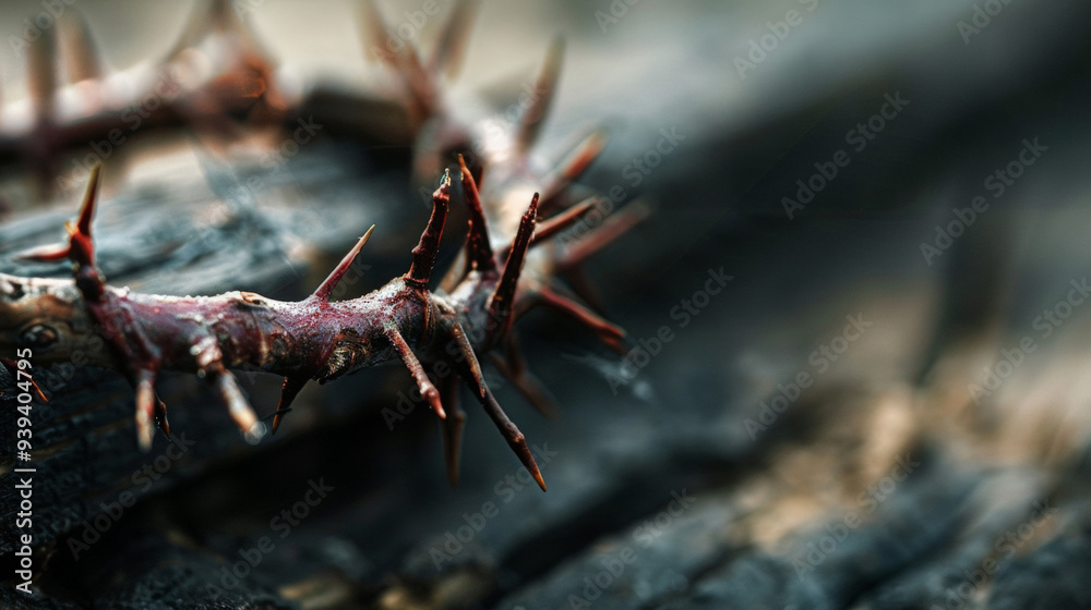 A wooden cross is placed, and a crown of thorns is placed in the middle of the cross. 